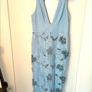 Light Blue V-Neck Floral  Evening Dress with overlay gauzy fabric